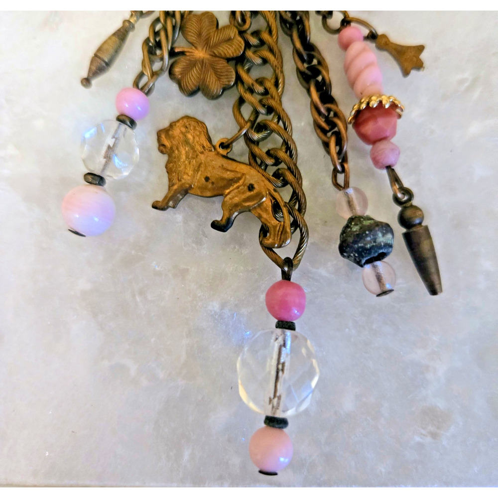 Vintage Lisa Carlson bronze dangle animal theme brooch with buttons pink beads - Picture 14 of 16